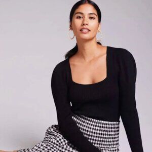 Maeve Square Neck Ribbed Puff Shoulder Sweater Black Size XS